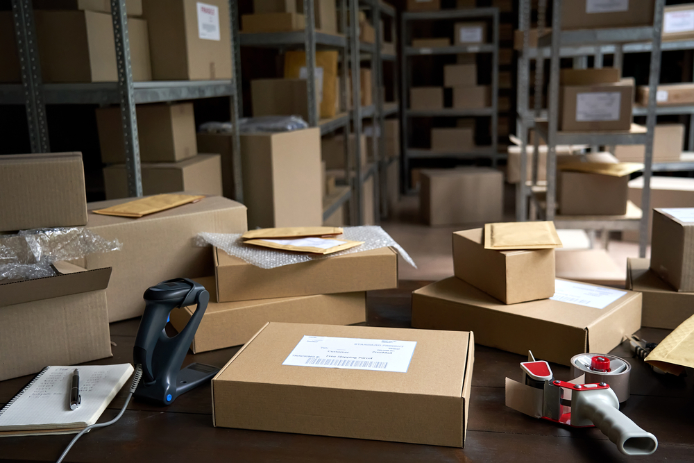 Distribution,warehouse,background,,commercial,shipping,order,boxes,for,dispatching,on